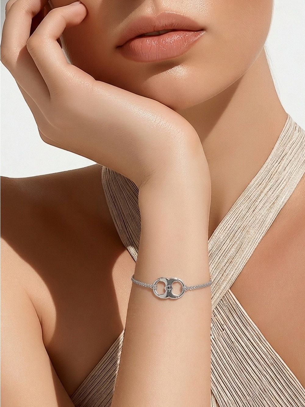Tory Burch Silver Double-T Link Bracelet on Cord